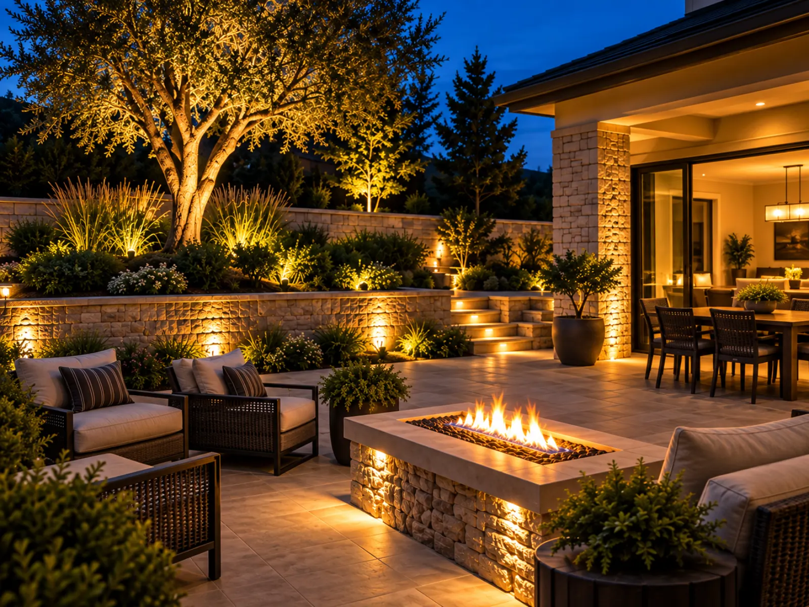Residential landscape and patio illuminated with layered outdoor lighting